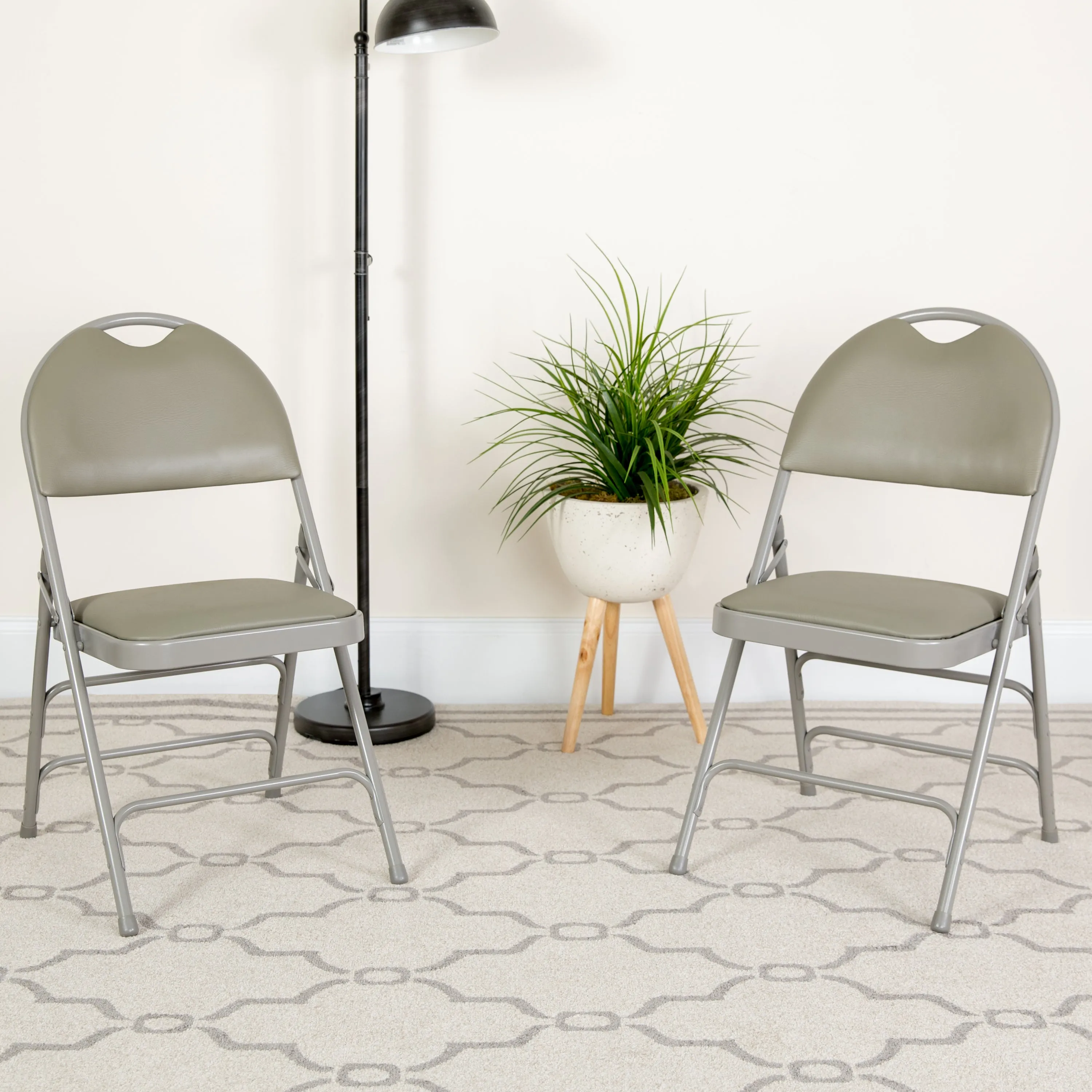 2 Pack HERCULES Series Ultra-Premium Triple Braced Gray Vinyl Metal Folding Chair with Easy-Carry Handle