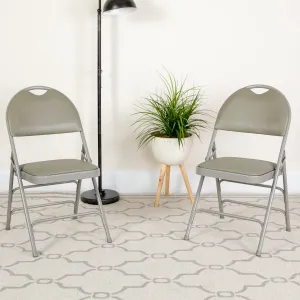 2 Pack HERCULES Series Ultra-Premium Triple Braced Gray Vinyl Metal Folding Chair with Easy-Carry Handle
