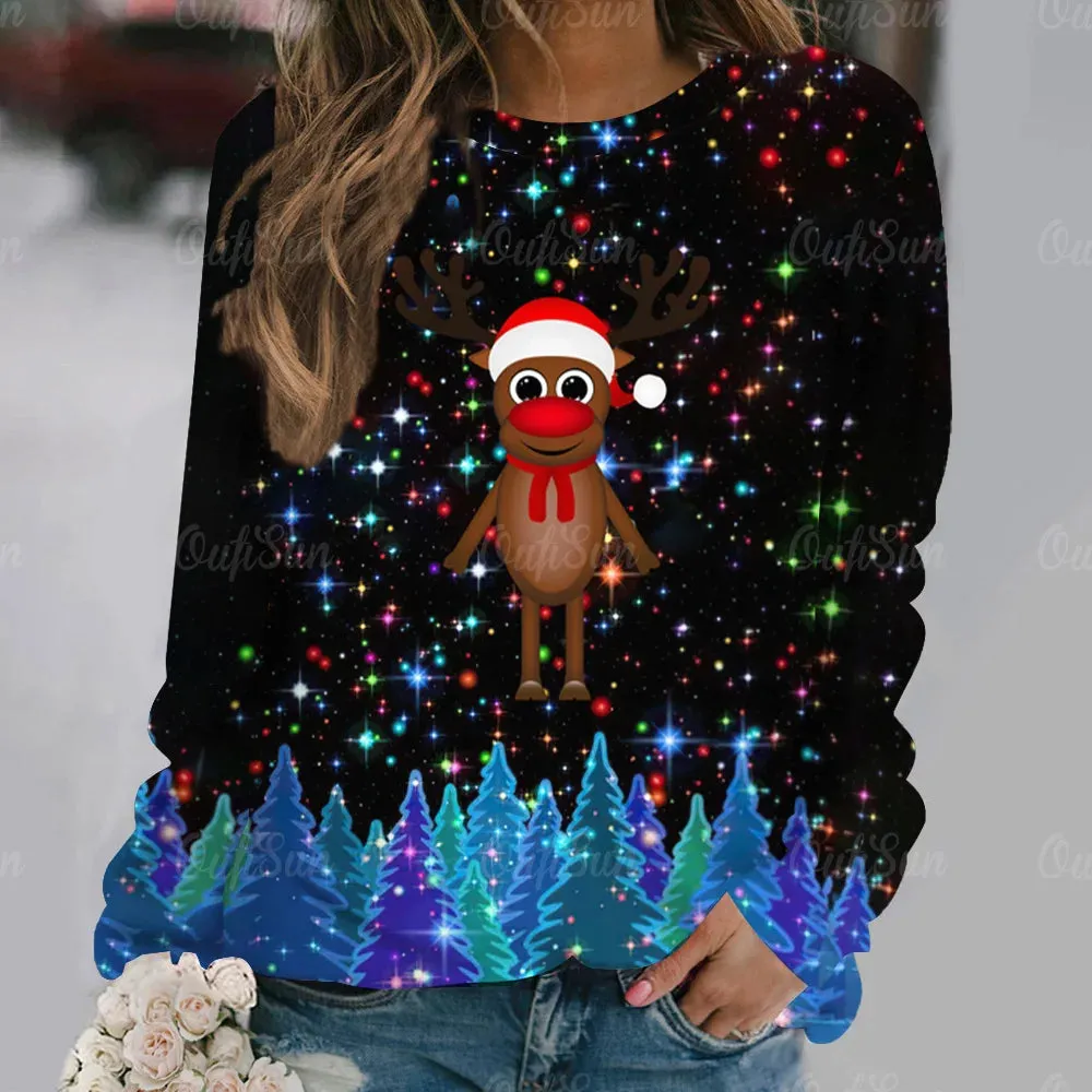 Ashore Shop Christmas Women Long Sleeves T-Shir t Elk Print Imitation Cotton T Shirt Pullover