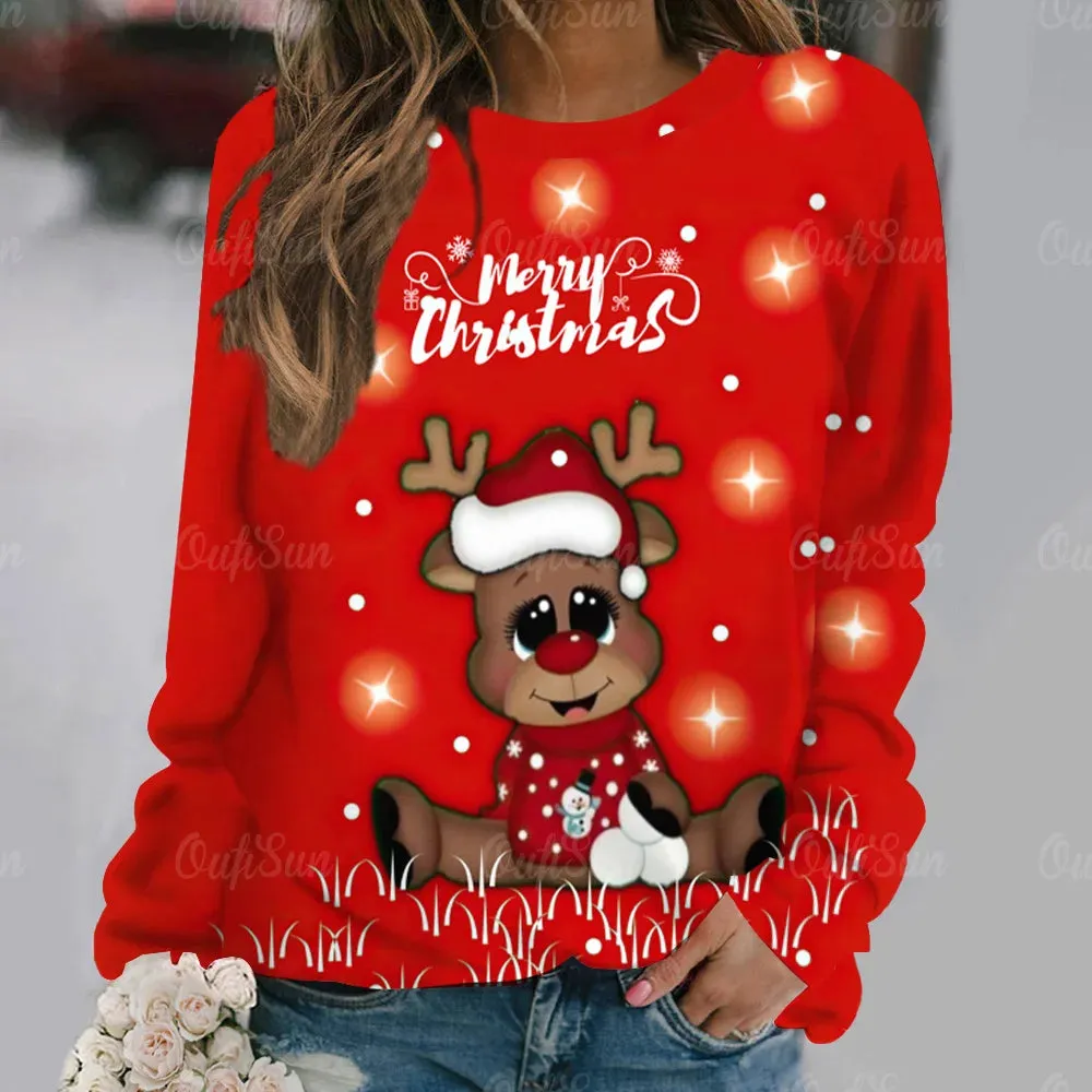 Ashore Shop Christmas Women Long Sleeves T-Shir t Elk Print Imitation Cotton T Shirt Pullover