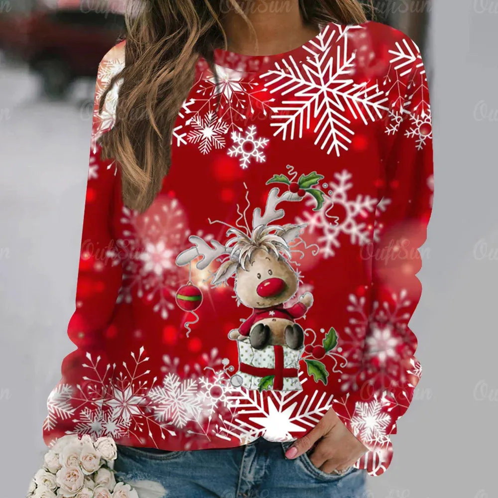 Ashore Shop Christmas Women Long Sleeves T-Shir t Elk Print Imitation Cotton T Shirt Pullover