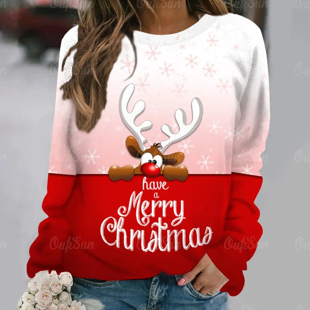 Ashore Shop Christmas Women Long Sleeves T-Shir t Elk Print Imitation Cotton T Shirt Pullover