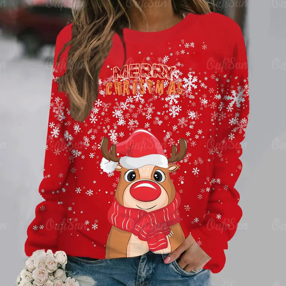 Ashore Shop Christmas Women Long Sleeves T-Shir t Elk Print Imitation Cotton T Shirt Pullover