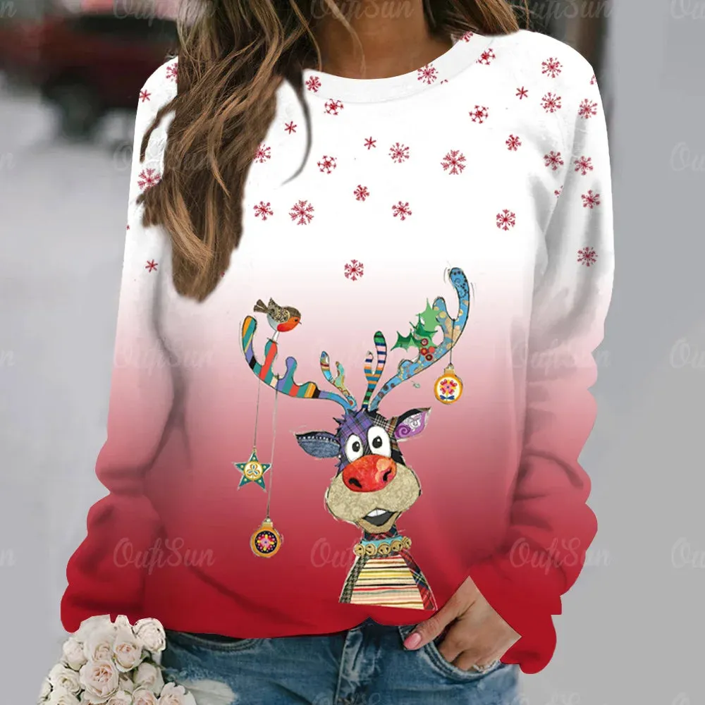 Ashore Shop Christmas Women Long Sleeves T-Shir t Elk Print Imitation Cotton T Shirt Pullover
