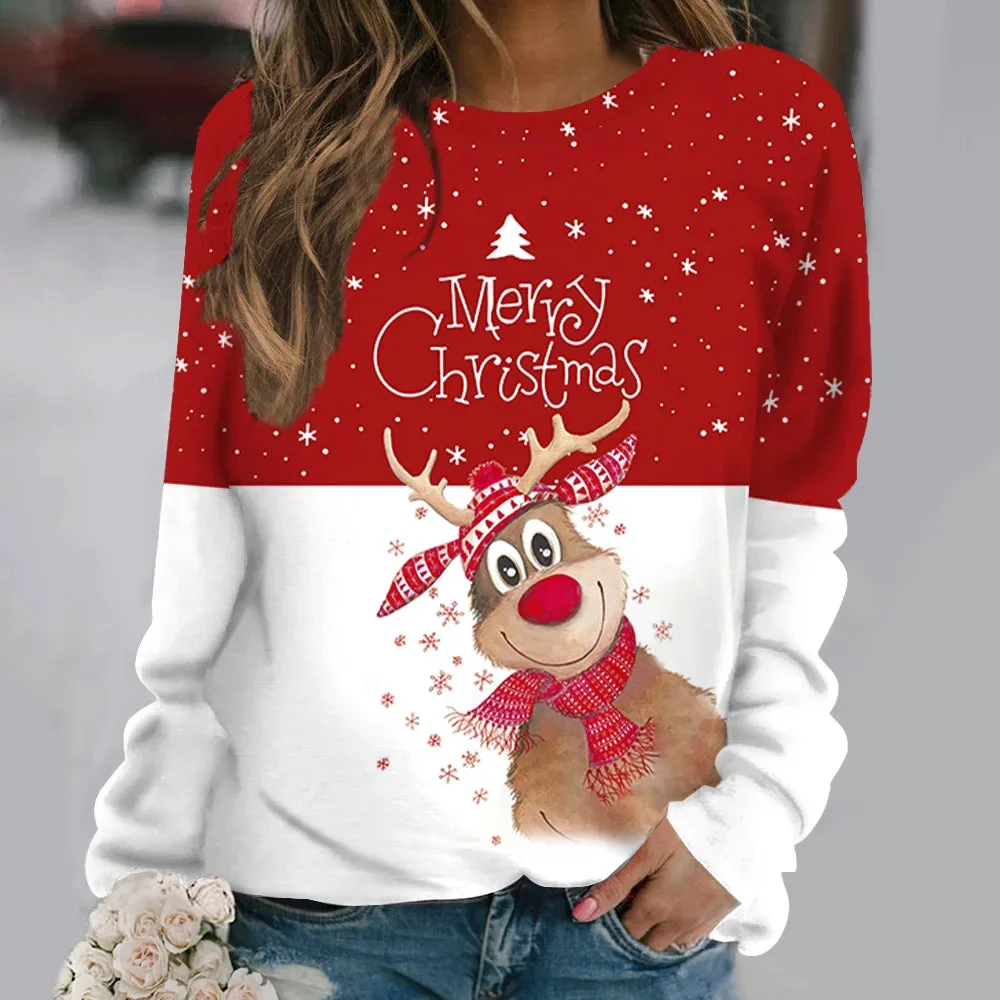 Ashore Shop Christmas Women Long Sleeves T-Shir t Elk Print Imitation Cotton T Shirt Pullover