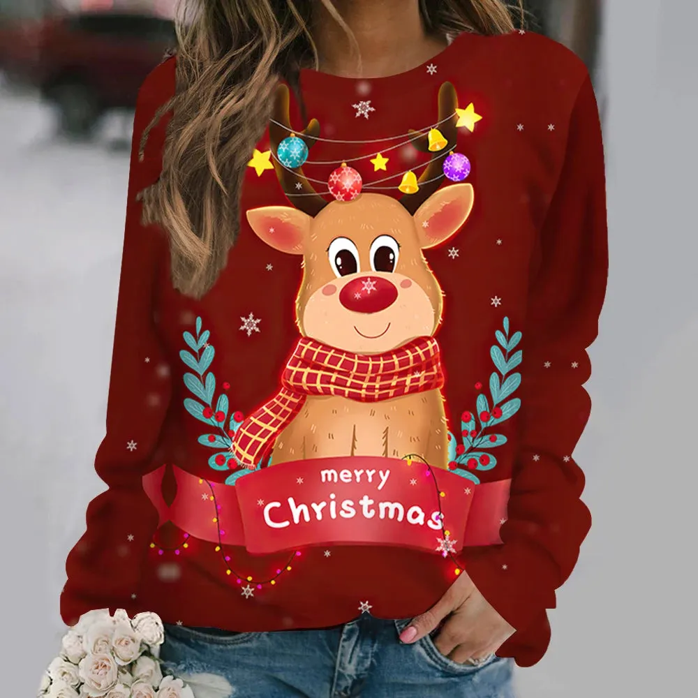Ashore Shop Christmas Women Long Sleeves T-Shir t Elk Print Imitation Cotton T Shirt Pullover