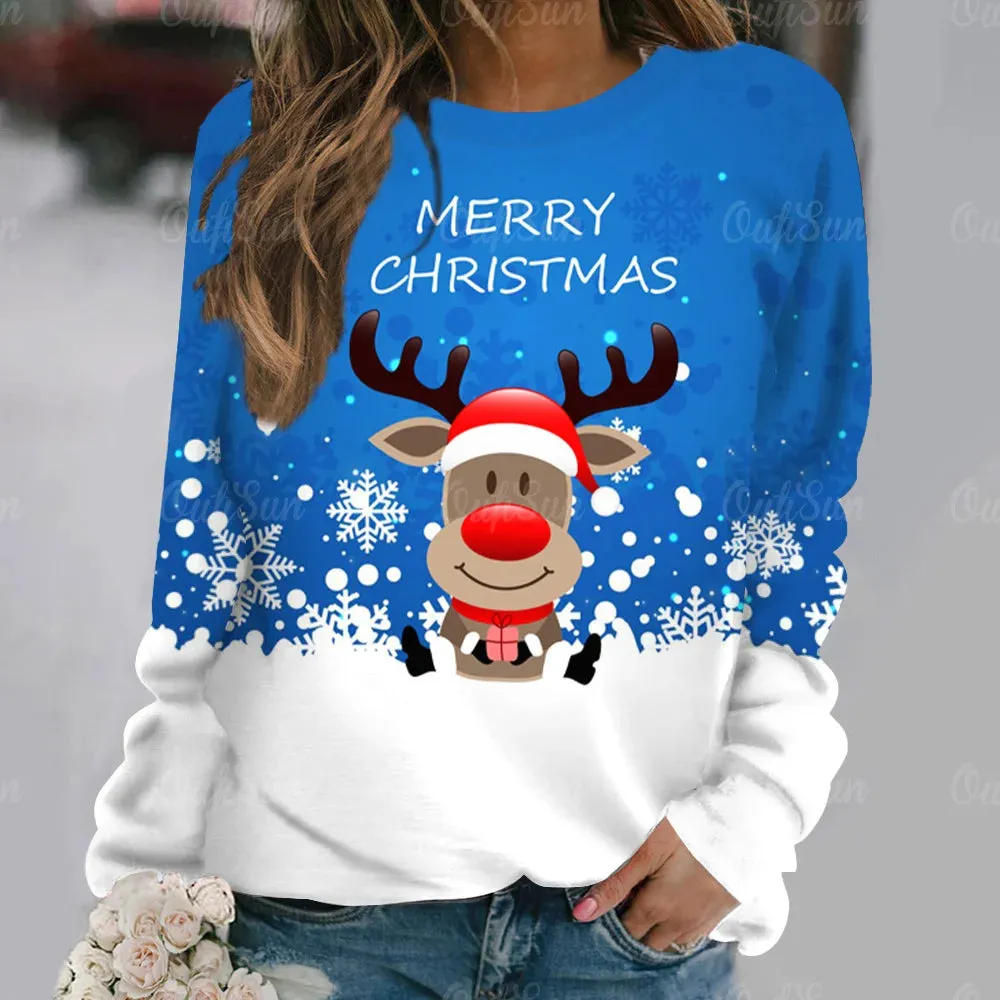 Ashore Shop Christmas Women Long Sleeves T-Shir t Elk Print Imitation Cotton T Shirt Pullover