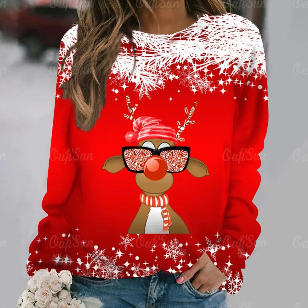 Ashore Shop Christmas Women Long Sleeves T-Shir t Elk Print Imitation Cotton T Shirt Pullover