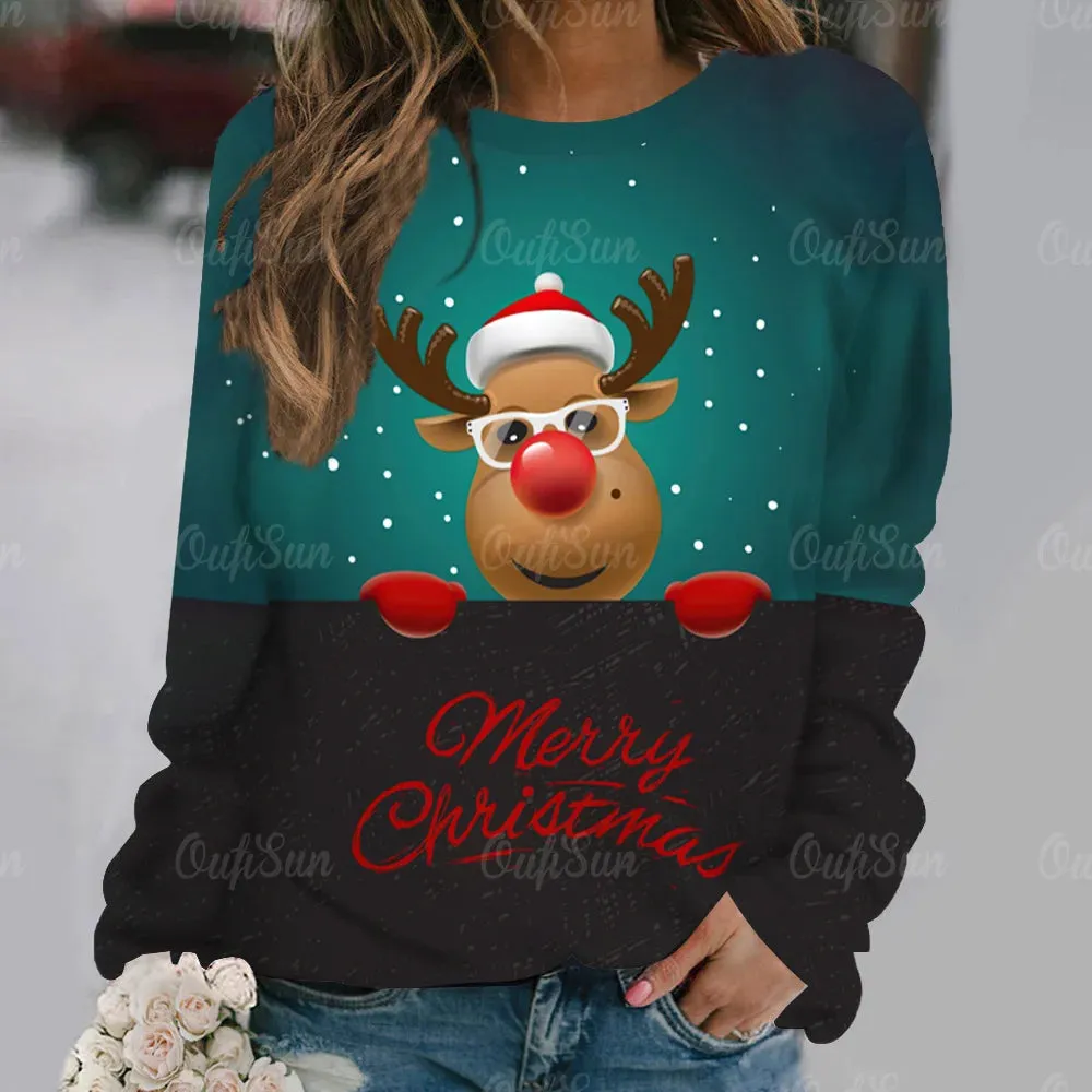 Ashore Shop Christmas Women Long Sleeves T-Shir t Elk Print Imitation Cotton T Shirt Pullover