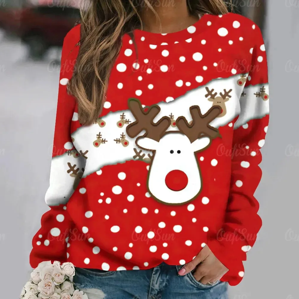 Ashore Shop Christmas Women Long Sleeves T-Shir t Elk Print Imitation Cotton T Shirt Pullover