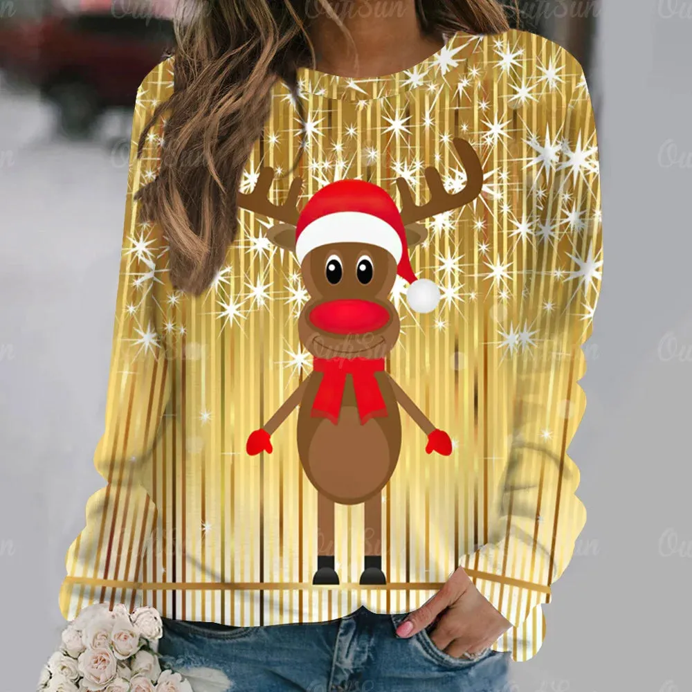 Ashore Shop Christmas Women Long Sleeves T-Shir t Elk Print Imitation Cotton T Shirt Pullover