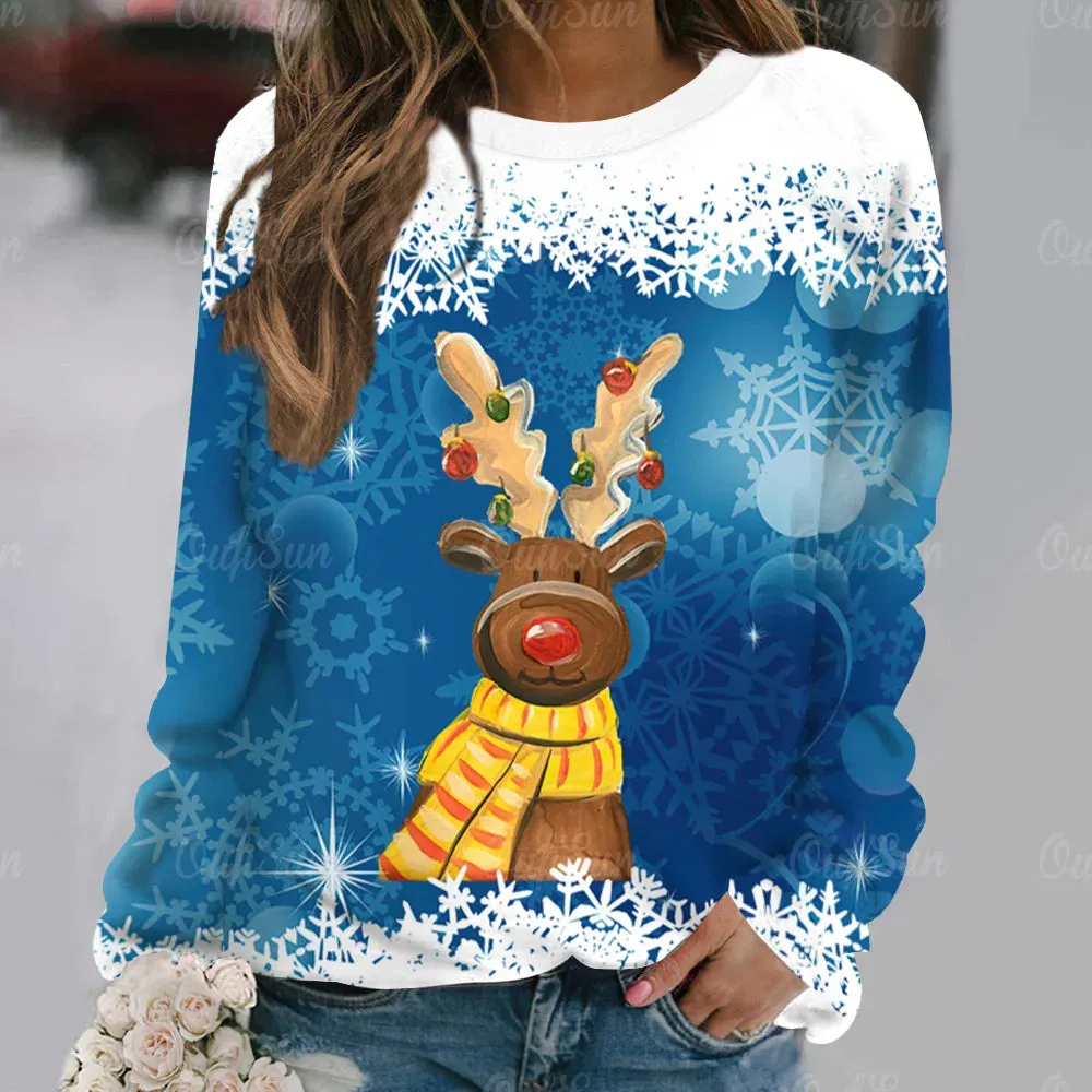 Ashore Shop Christmas Women Long Sleeves T-Shir t Elk Print Imitation Cotton T Shirt Pullover