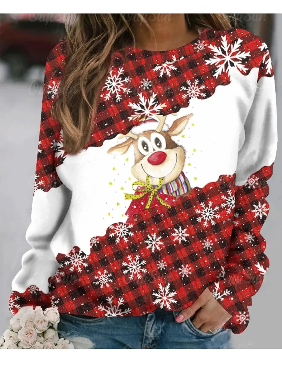 Ashore Shop Christmas Women Long Sleeves T-Shir t Elk Print Imitation Cotton T Shirt Pullover