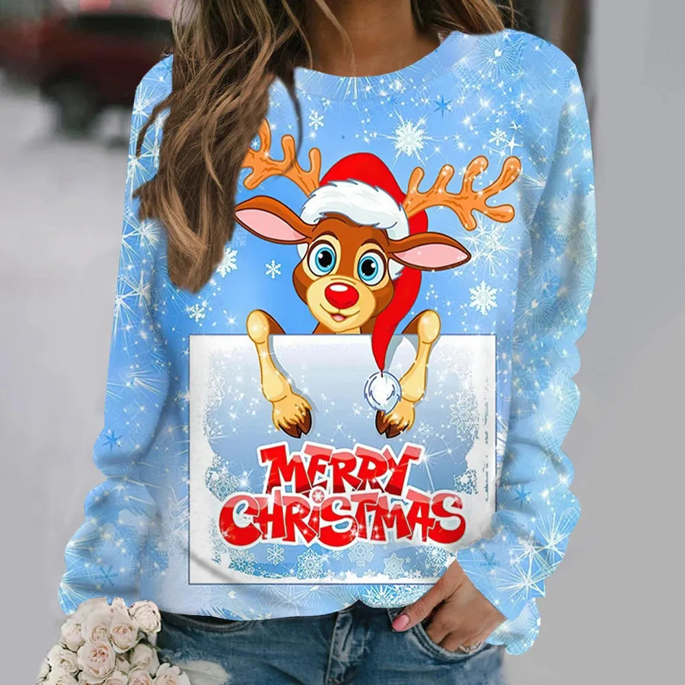 Ashore Shop Christmas Women Long Sleeves T-Shir t Elk Print Imitation Cotton T Shirt Pullover