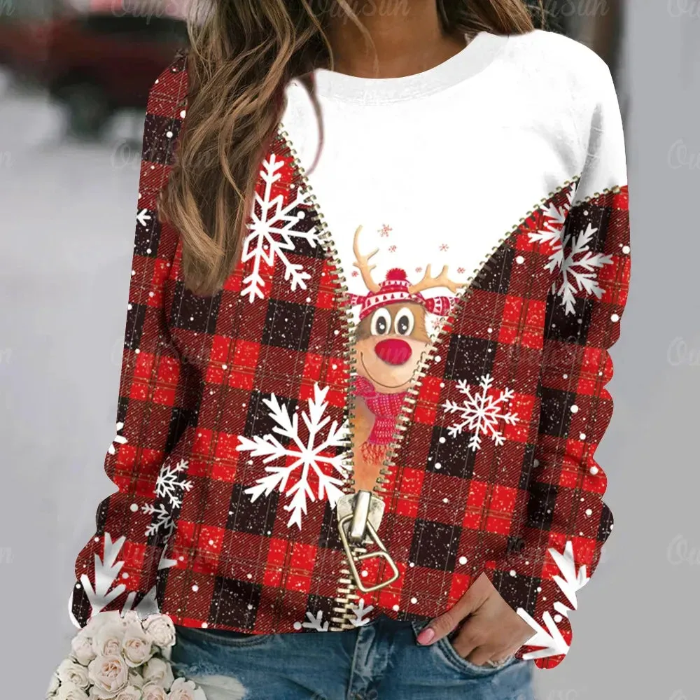 Ashore Shop Christmas Women Long Sleeves T-Shir t Elk Print Imitation Cotton T Shirt Pullover