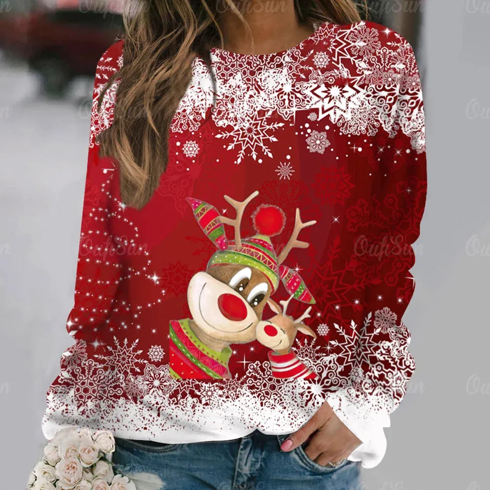 Ashore Shop Christmas Women Long Sleeves T-Shir t Elk Print Imitation Cotton T Shirt Pullover