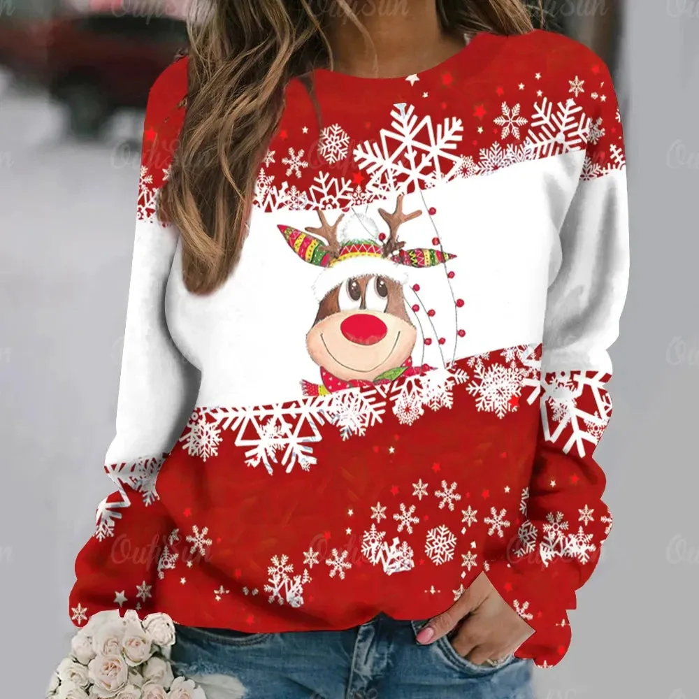 Ashore Shop Christmas Women Long Sleeves T-Shir t Elk Print Imitation Cotton T Shirt Pullover