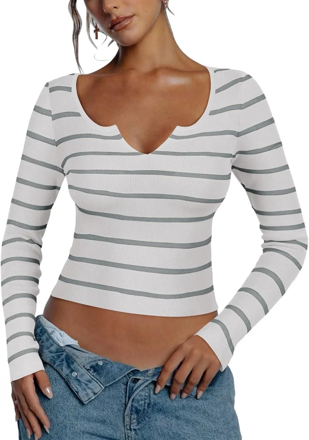 Cutout V Neck Long Sleeve Trendy Striped Y2K Going Out T Shirt Knit Crop Top