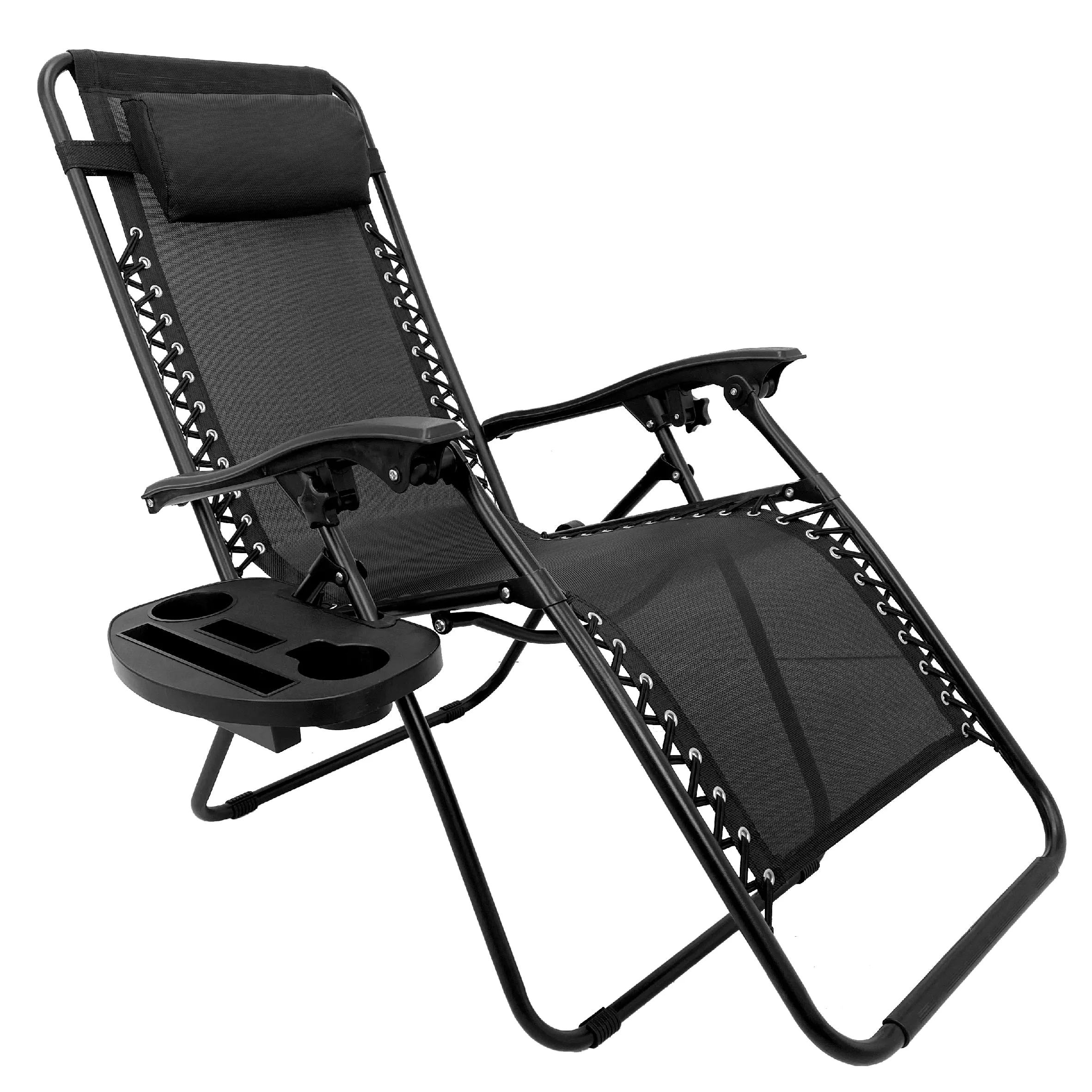 EasyGo Product Zero Gravity Lawn Lounge Pillow and Cup Holder Furniture Outdoor Adjustable Dining Reclining Folding Chairs for Deck Patio Beach Yard, 1 Pack Black