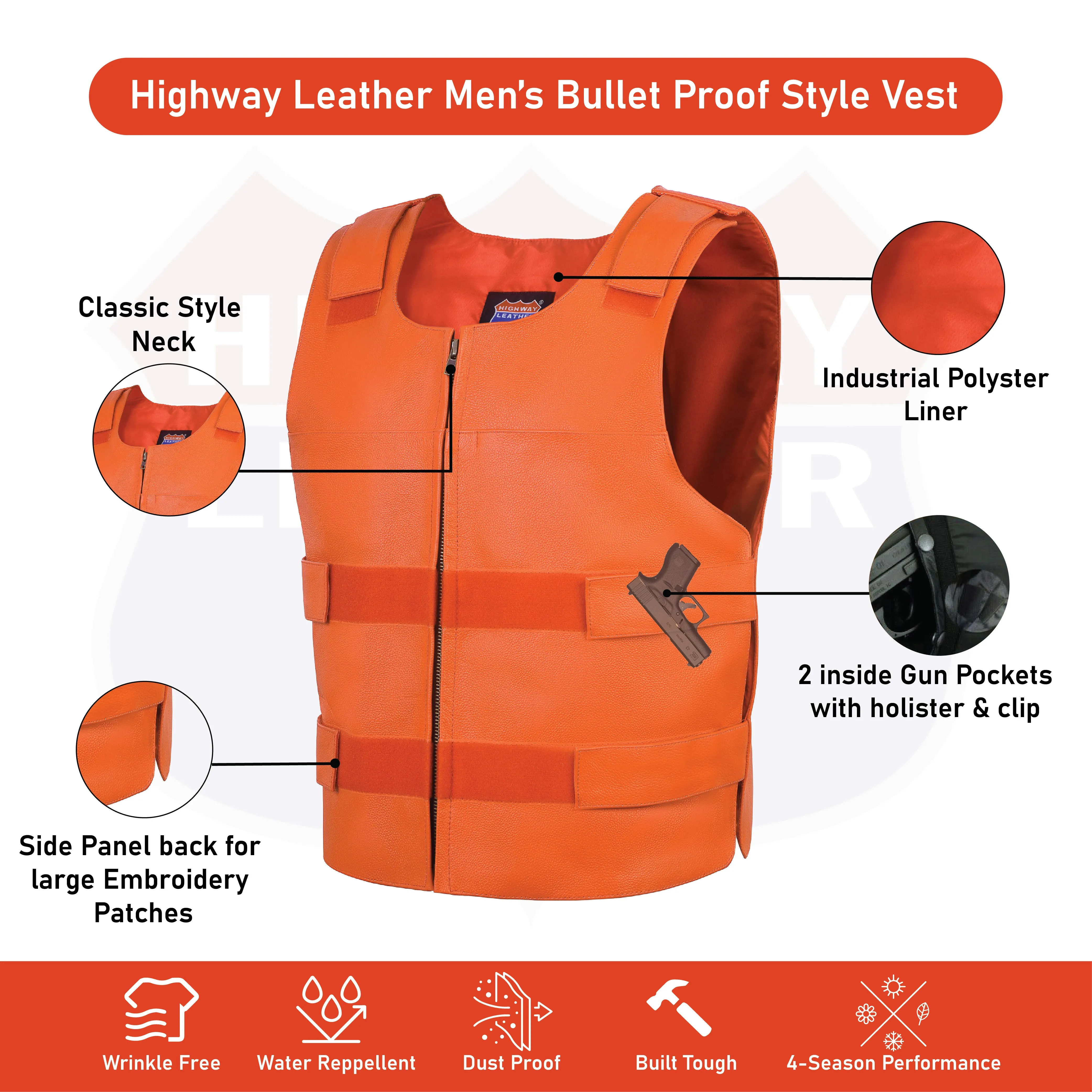 HL11643ORANGE Men's Orange Bulletproof Leather Vest – Perfect for Biker Clubs