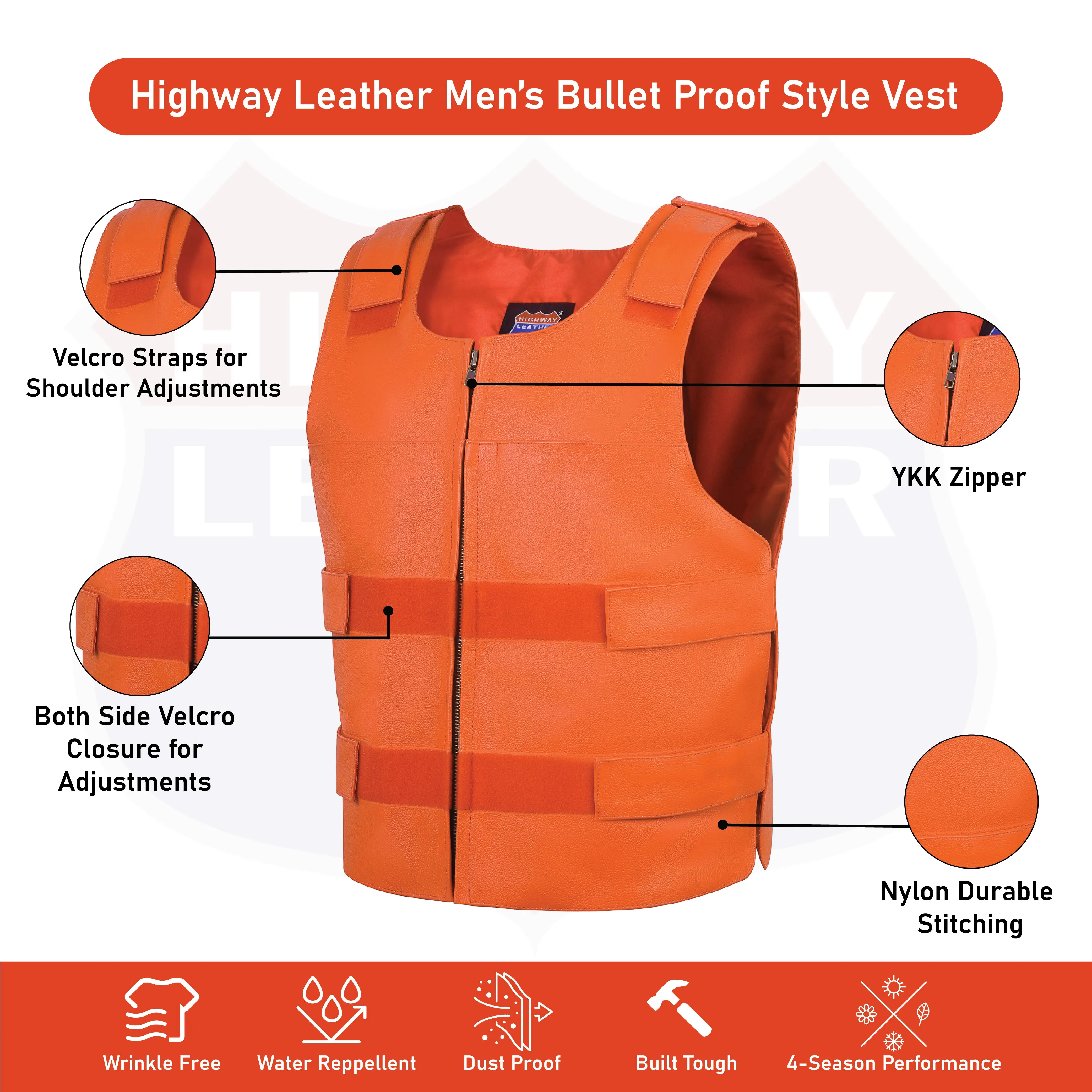 HL11643ORANGE Men's Orange Bulletproof Leather Vest – Perfect for Biker Clubs