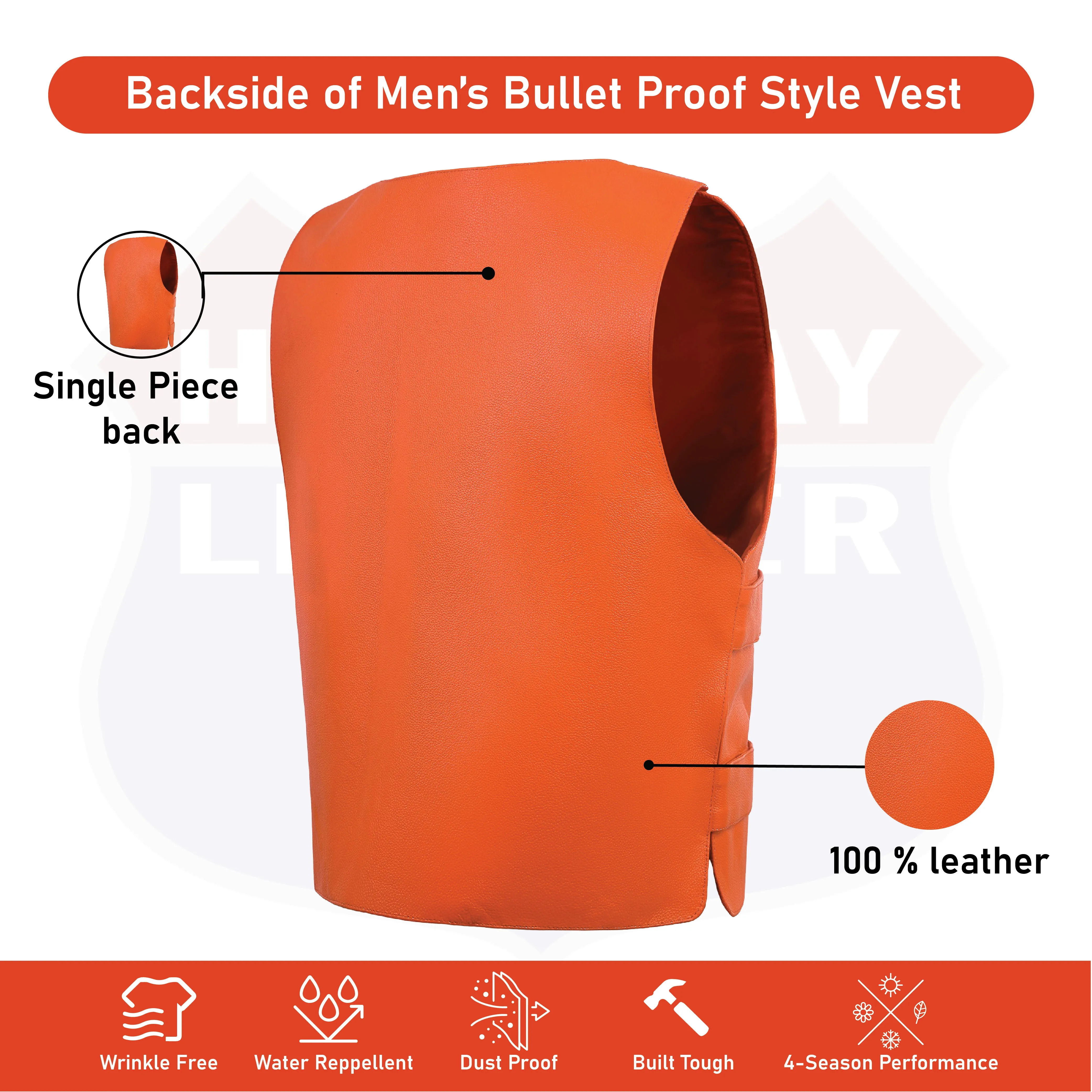 HL11643ORANGE Men's Orange Bulletproof Leather Vest – Perfect for Biker Clubs