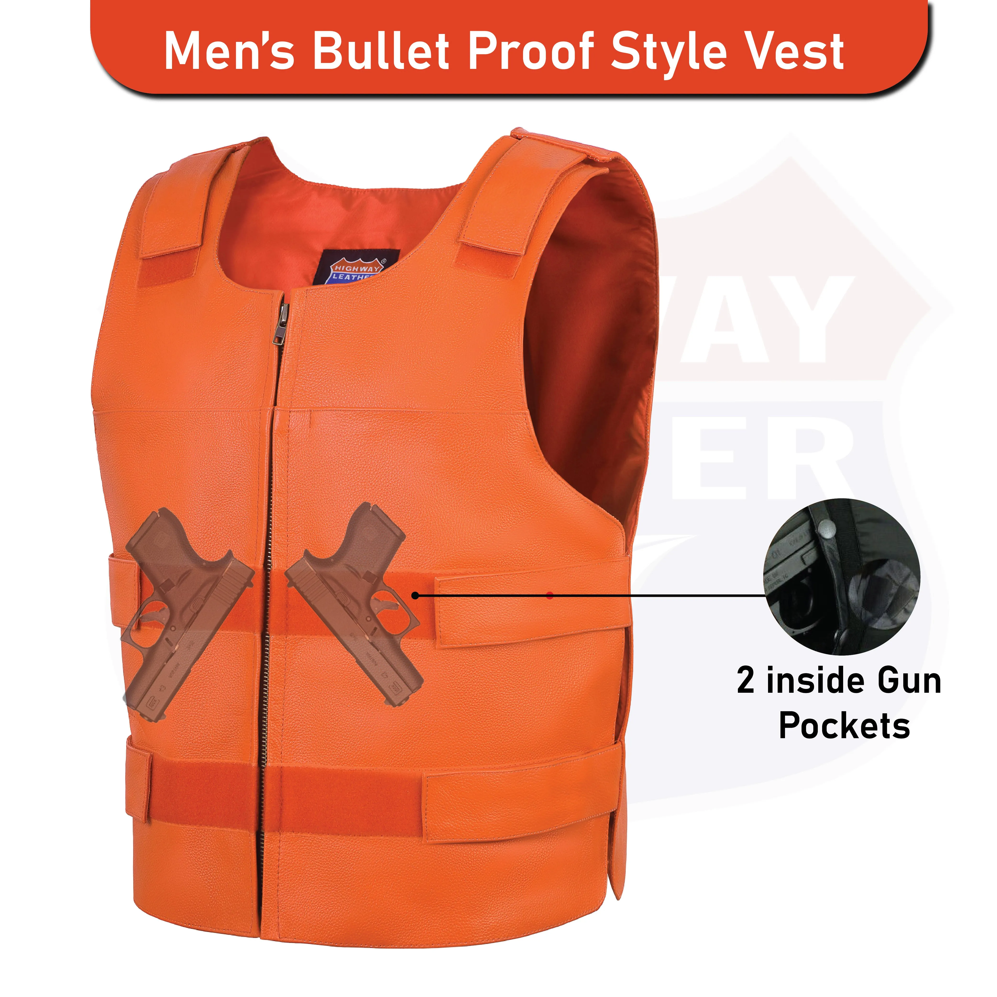 HL11643ORANGE Men's Orange Bulletproof Leather Vest – Perfect for Biker Clubs