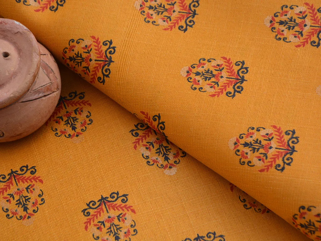 Mustard Yellow Motifs Digital Printed Premium Crepe Fabric